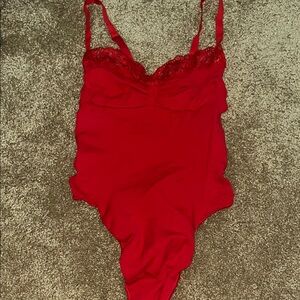 SKIMS Red Lace Trim Bodysuit